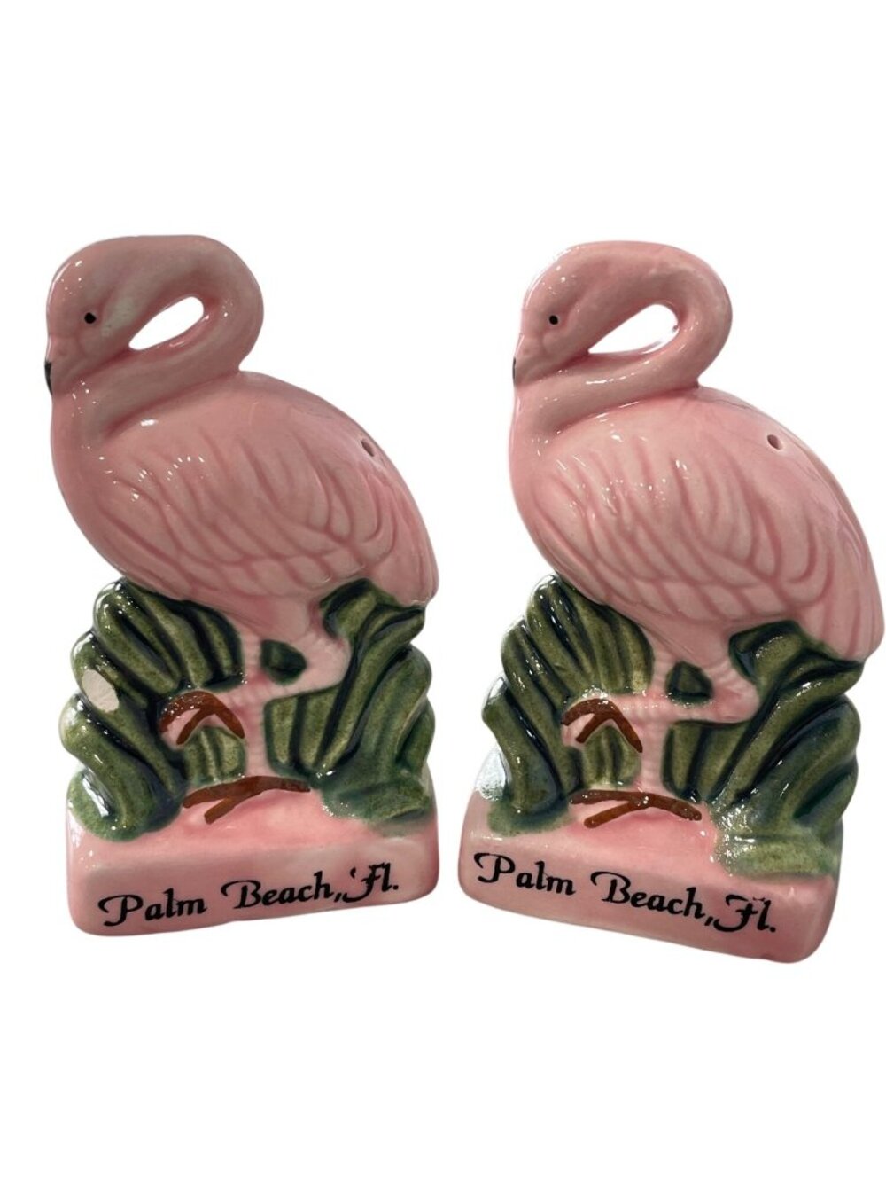 Vintage Pink Flamingo Ceramic Salt & Pepper Shaker Set Hand Painted Palm Beach